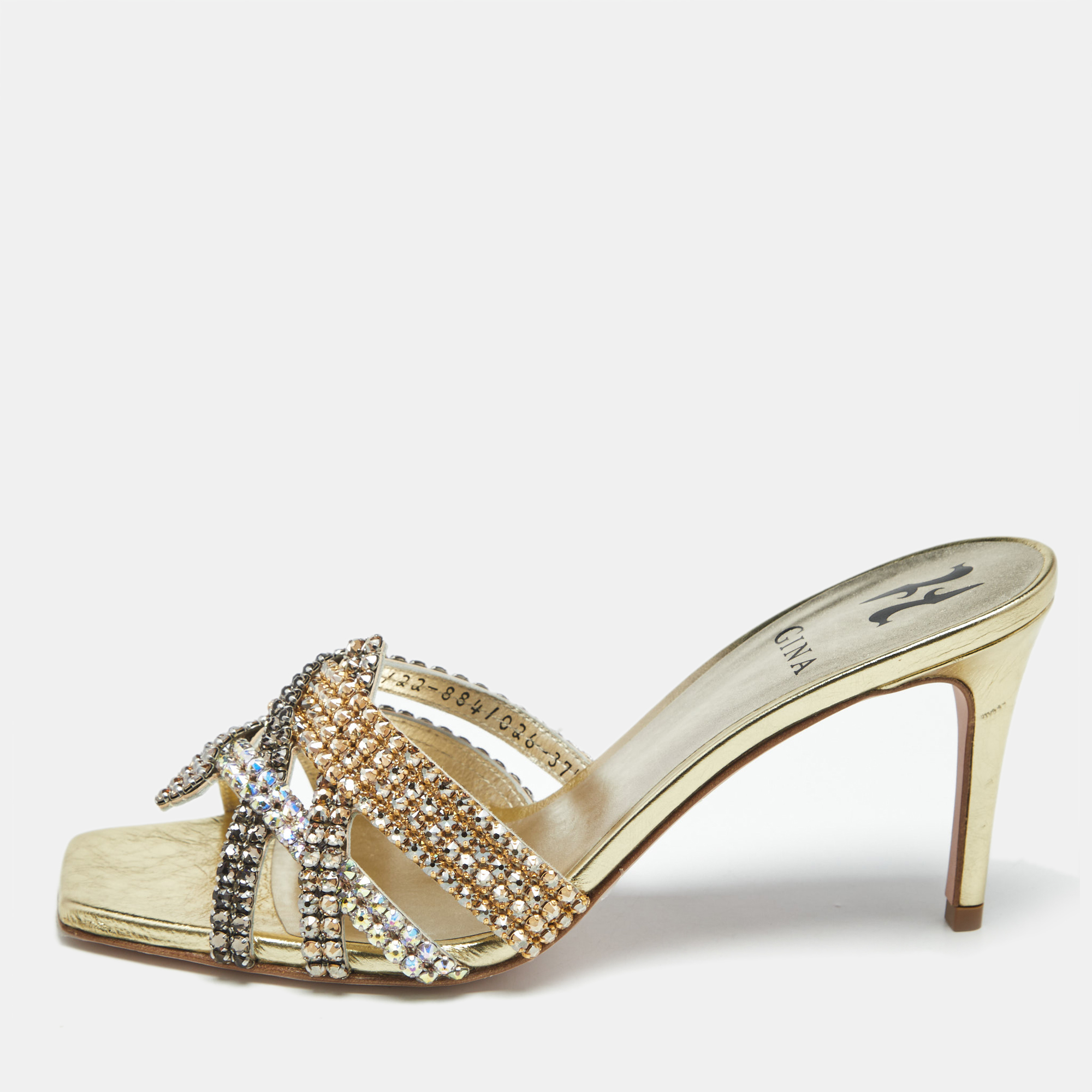 

Gina Metallic Leather Crystal Embellished Slide Sandals Size