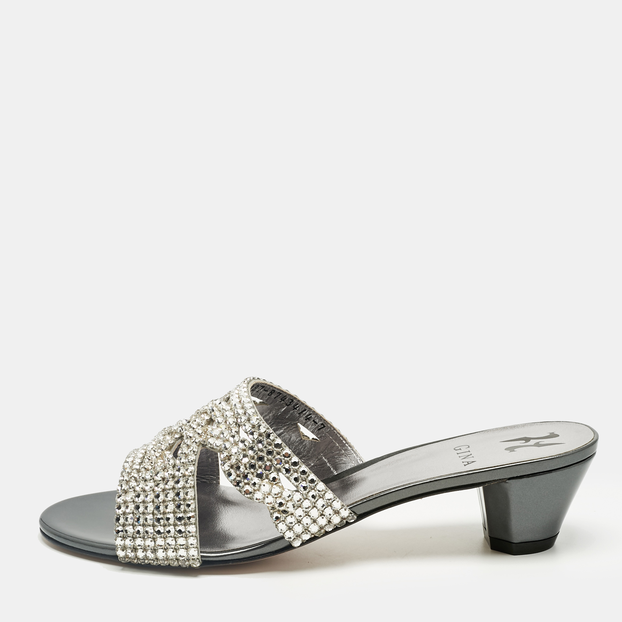 

Gina Silver Leather Crystal Embellished Slide Sandals Size 40