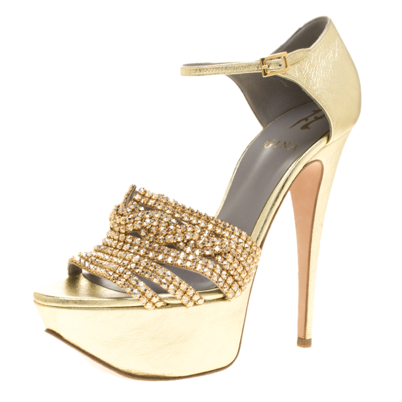 Pre Owned Gina Metallic Gold Leather Sheridan Crystal Embellished Platform Ankle Strap Sandals Size 39.5