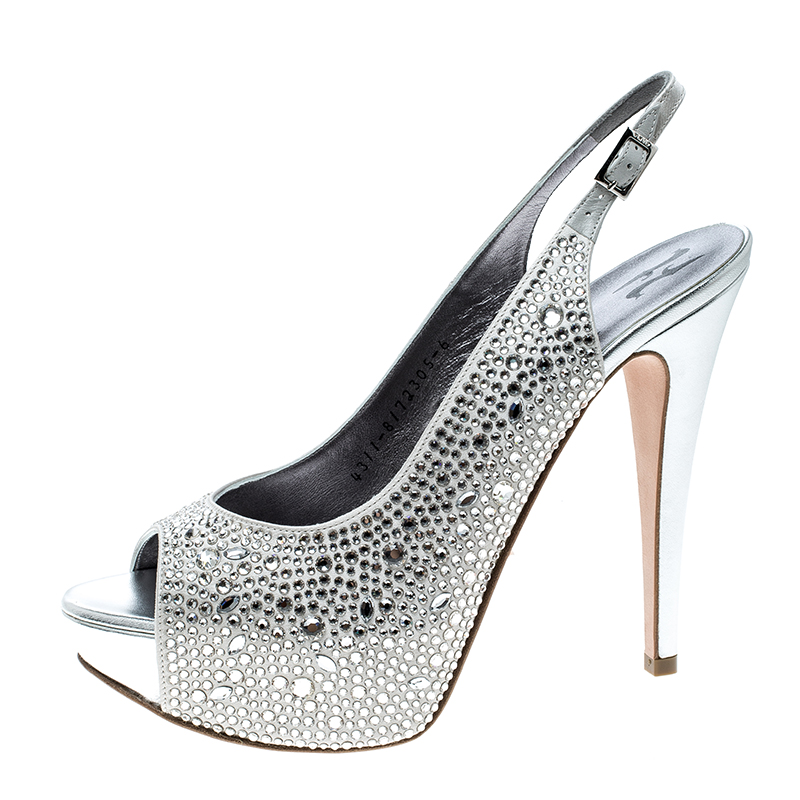 

Gina Grey Satin Crystal Embellished Peep Toe Platform Slingback Sandals Size