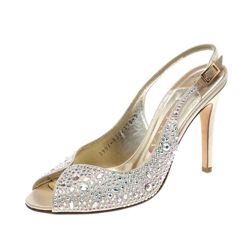 Gina Beige Satin Crystal Embellished Slingback Sandals Size 38
