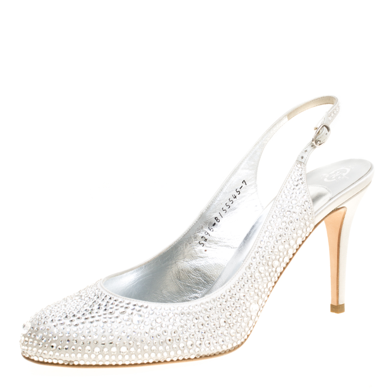 Pre Owned Gina Grey Satin Crystal Embellished Slingback Sandals Size 40