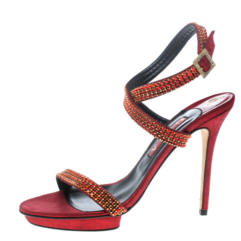 

Gina Red Crystal Embellished Suede Ankle Wrap Open Toe Sandals Size