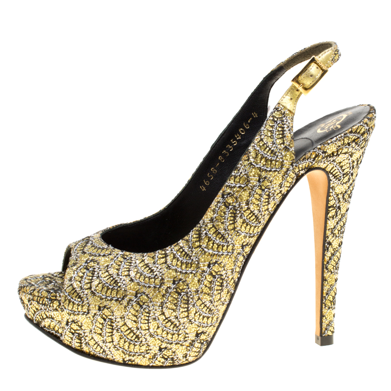 

Gina Metallic Gold Glitter Peep Toe Platform Slingback Sandals Size