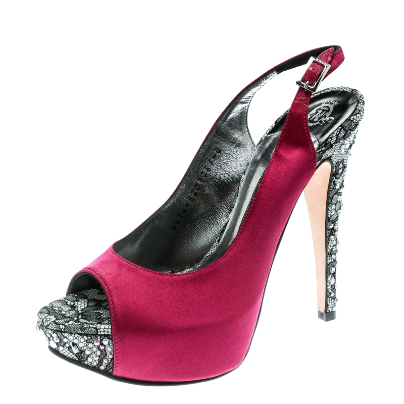 

Gina Purple Satin Crystal Embellished Heel Peep Toe Slingback Sandals Size