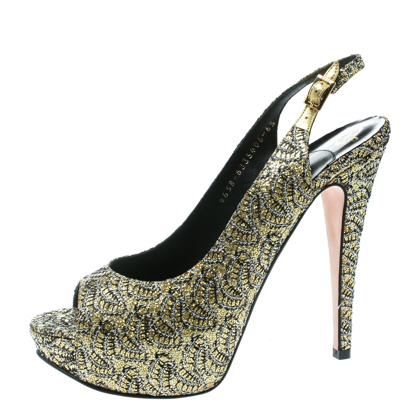 

Gina Metallic Gold Glitter Peep Toe Platform Slingback Sandals Size