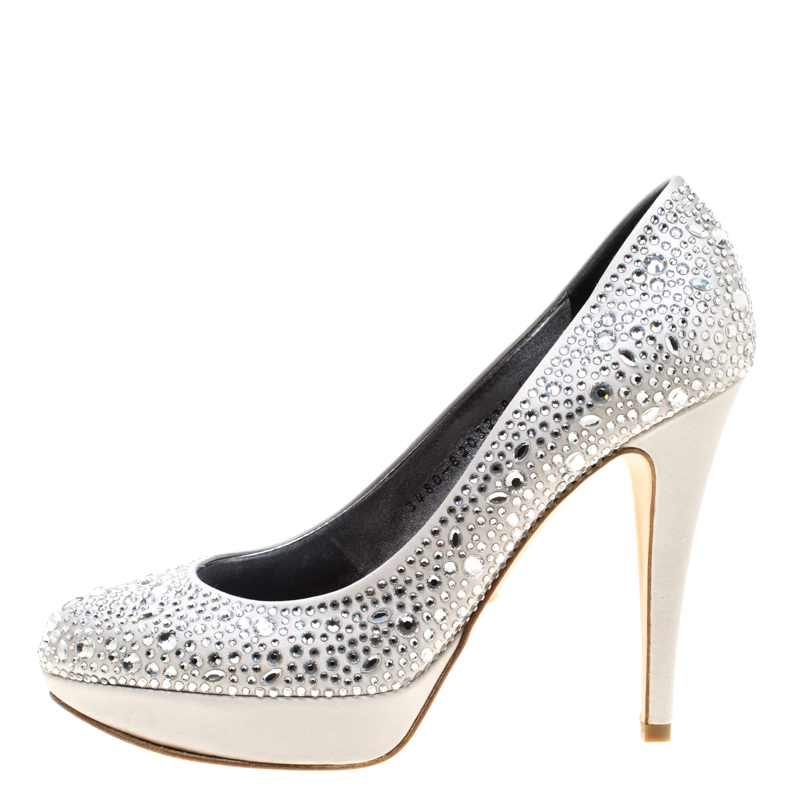 

Gina Light Grey Crystal Embellished Satin Platform Pumps Size