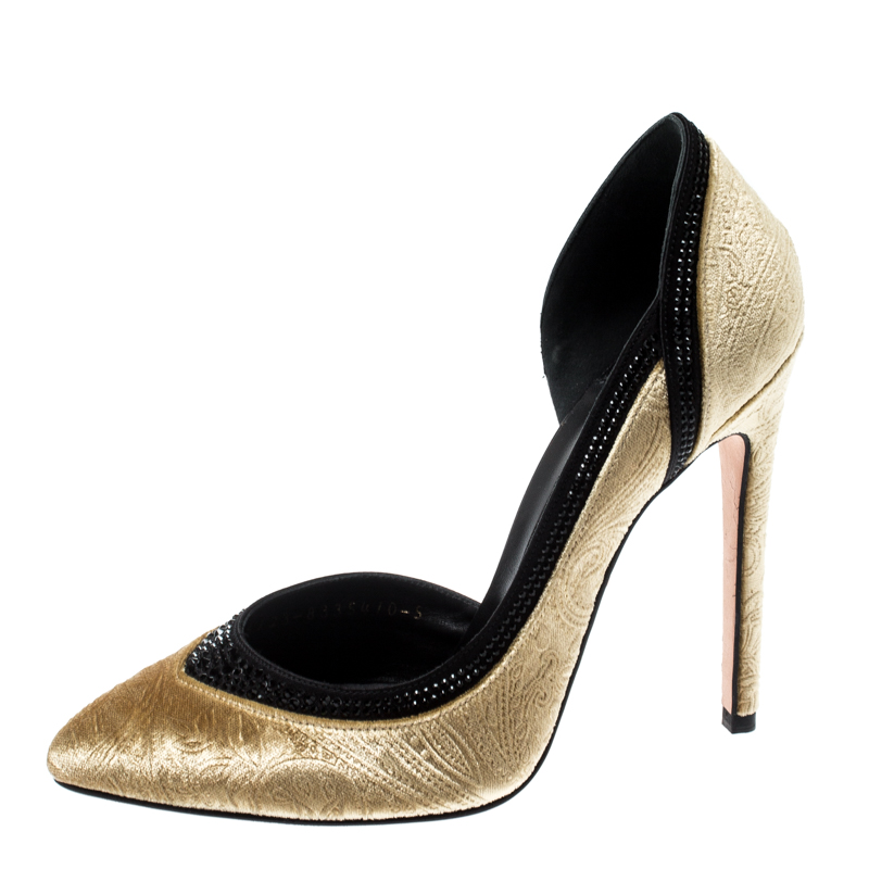 

Gina Gold Paisley Print Velvet Crystal Studded D'orsay Pointed Toe Pumps Size