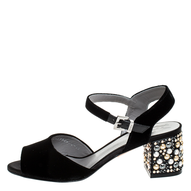 

Gina Black Velvet Embellished Block Heel Ankle Strap Sandals Size