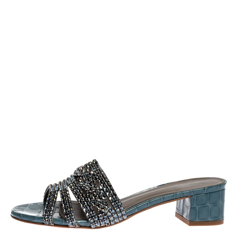 

Gina Blue Croc Embossed Patent Leather Rodeo Crystal Embellished Block Heel Slides Size