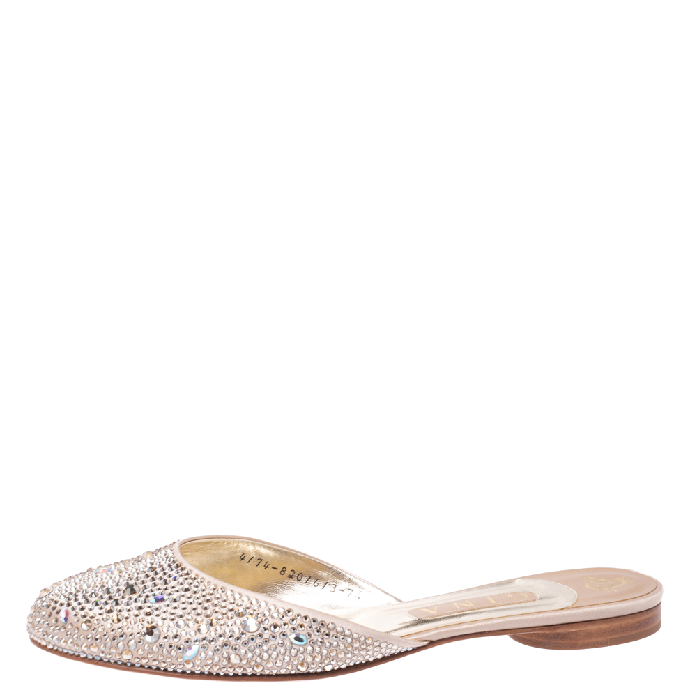 

Gina Beige Satin Crystal Embellished Flat Mules Size