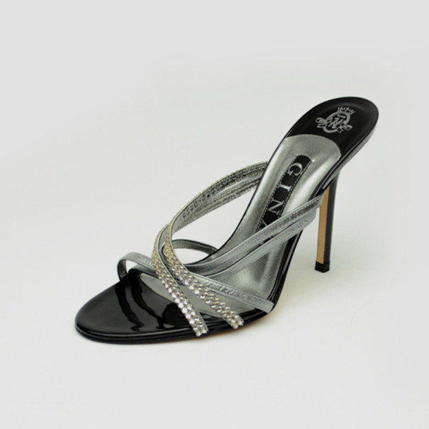 Pre Owned Gina Grey Crystal Embellished High Heel Slides Size 37