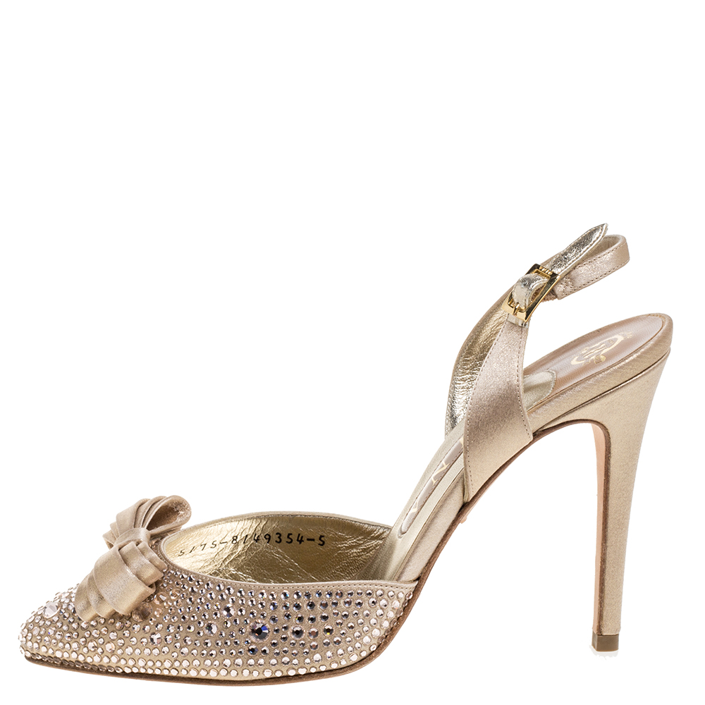 

Gina Gold Satin Crystal Embellished Bow Slingback Sandals Size