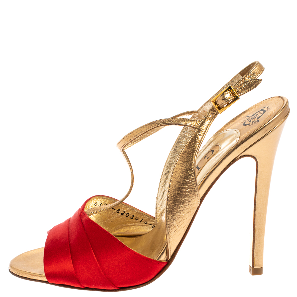 

Gina Red Satin And Gold Leather T Strap Sandals Size