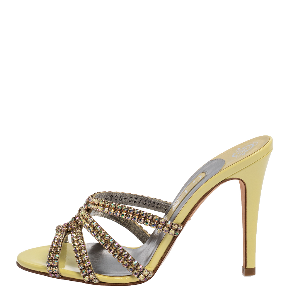 

Gina Yellow Leather Crystal Embellished Slides Sandals Size