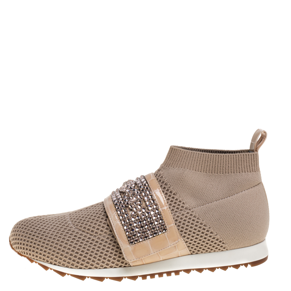 

Gina Beige Knit Fabric And Patent Crystal Embellished Nyla Sneakers Size