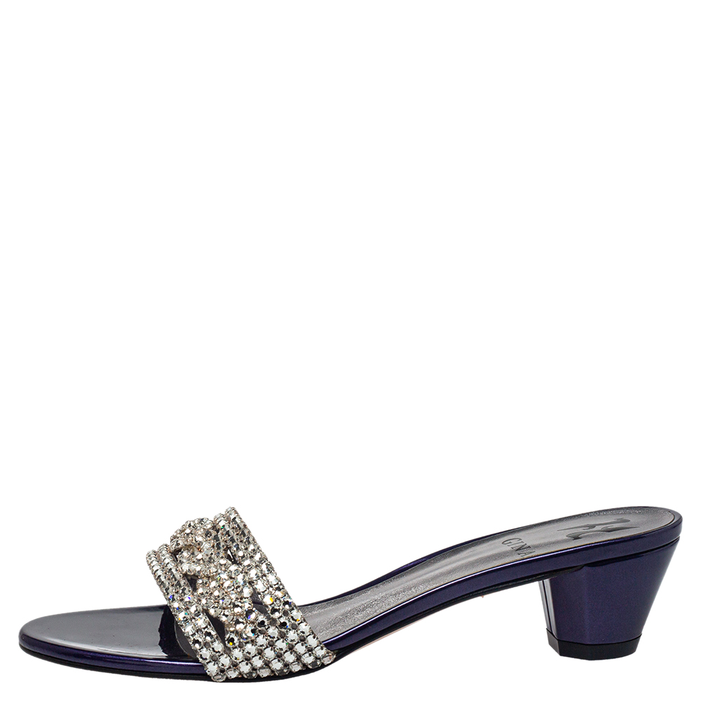 

Gina Purple Crystal Embellished Leather Slide Sandals Size