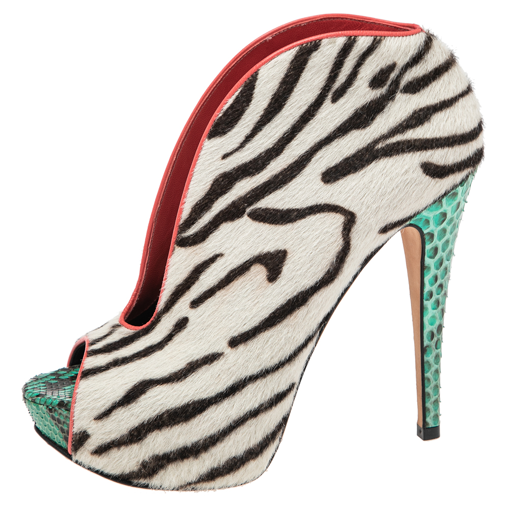 

Gina White-Brown Zebra Print Calf Hair Peep Toe Platform Booties Size