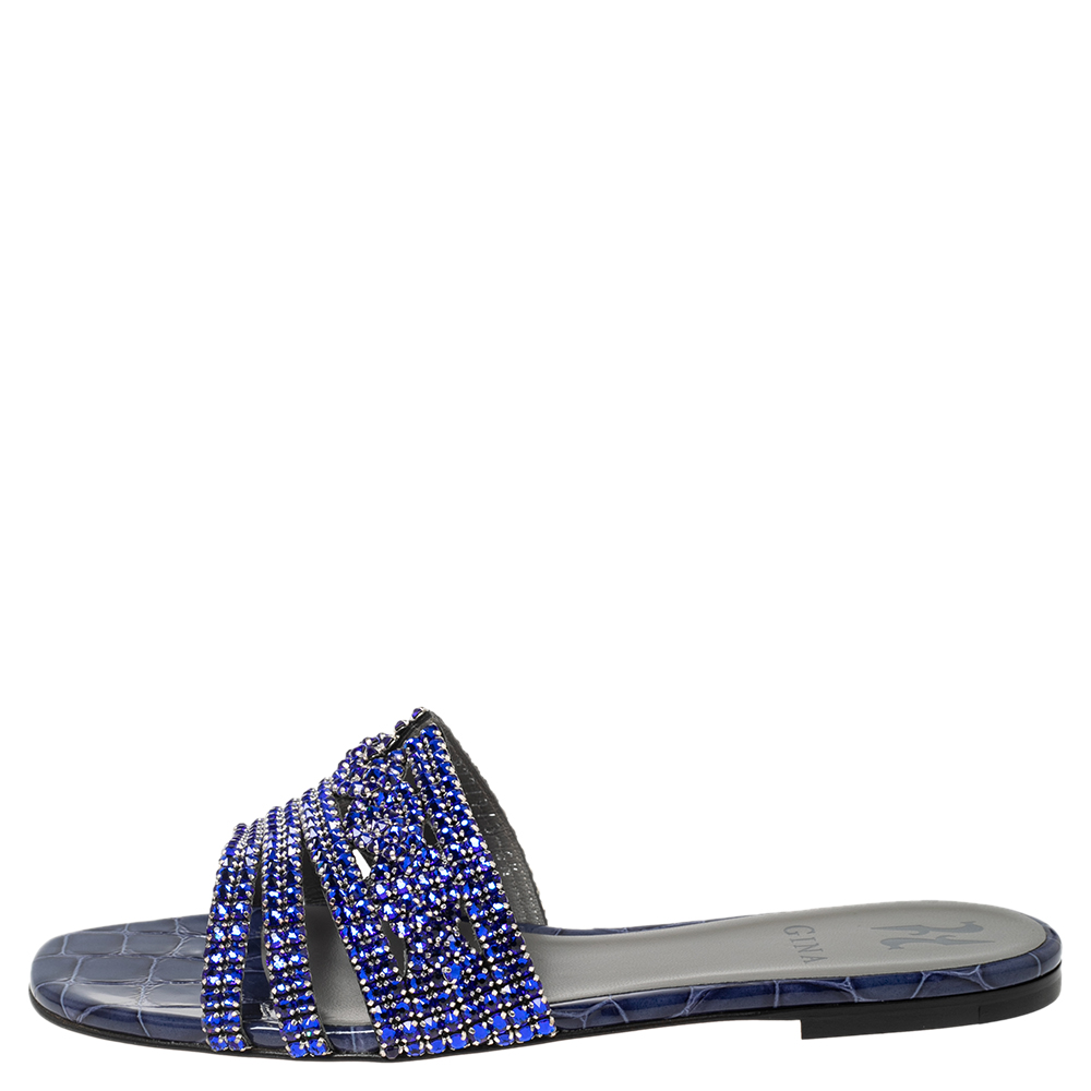 

Gina Royal Blue Crystals Embellished Leather Loren Flat Slides Size