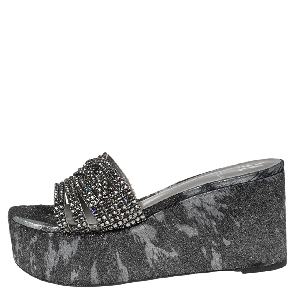 

Gina Metallic Grey/Black Crystals Embellished Leather and Calf Hair Wedge Platform Sandals Size