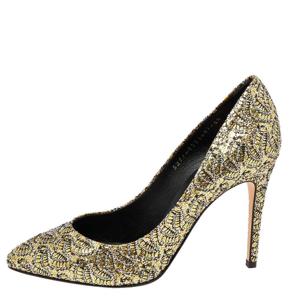 Gina Gold Lurex Fabric And Glitter Pointed Toe Pumps Size