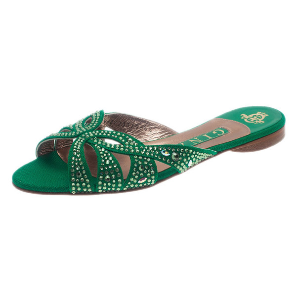 Pre Owned Gina Green Canvas Crystal Sabrina Flat Sandals Size 37.5