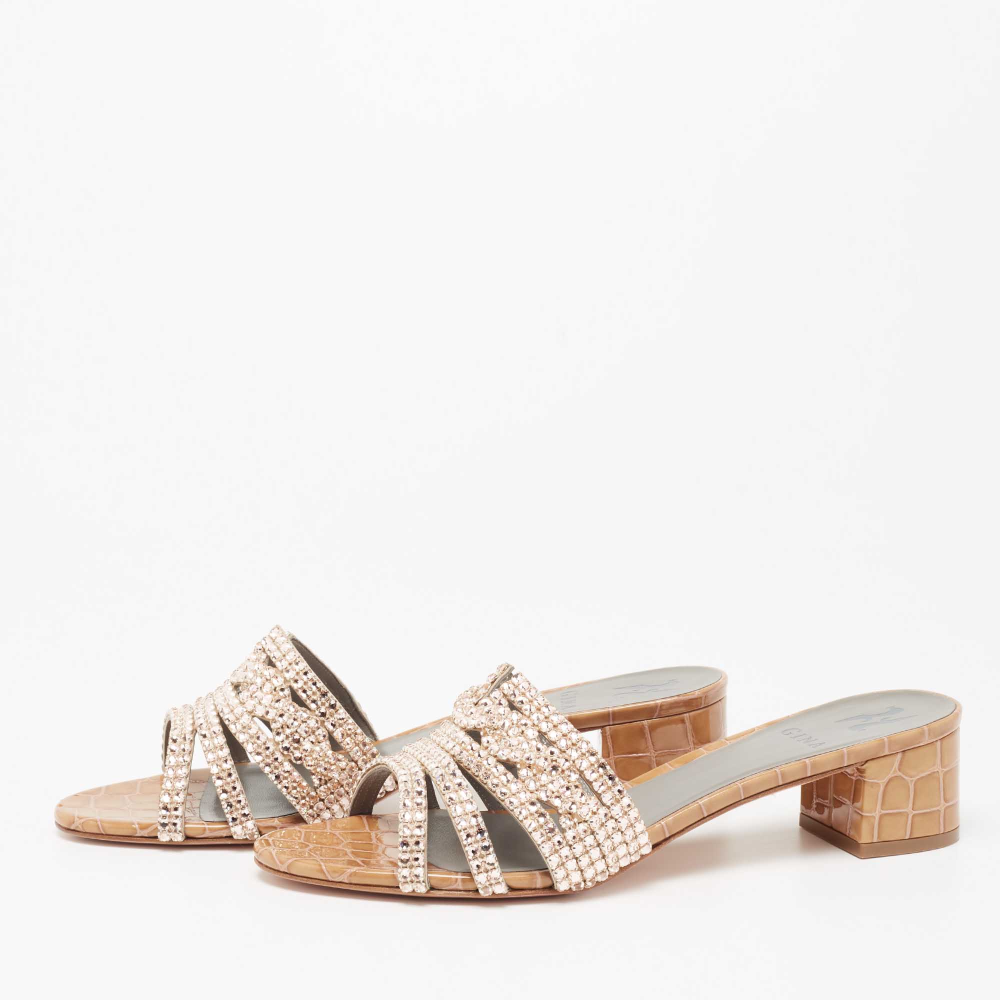 

Gina Beige Crystal Embellished Leather Rodeo Slide Sandals Size