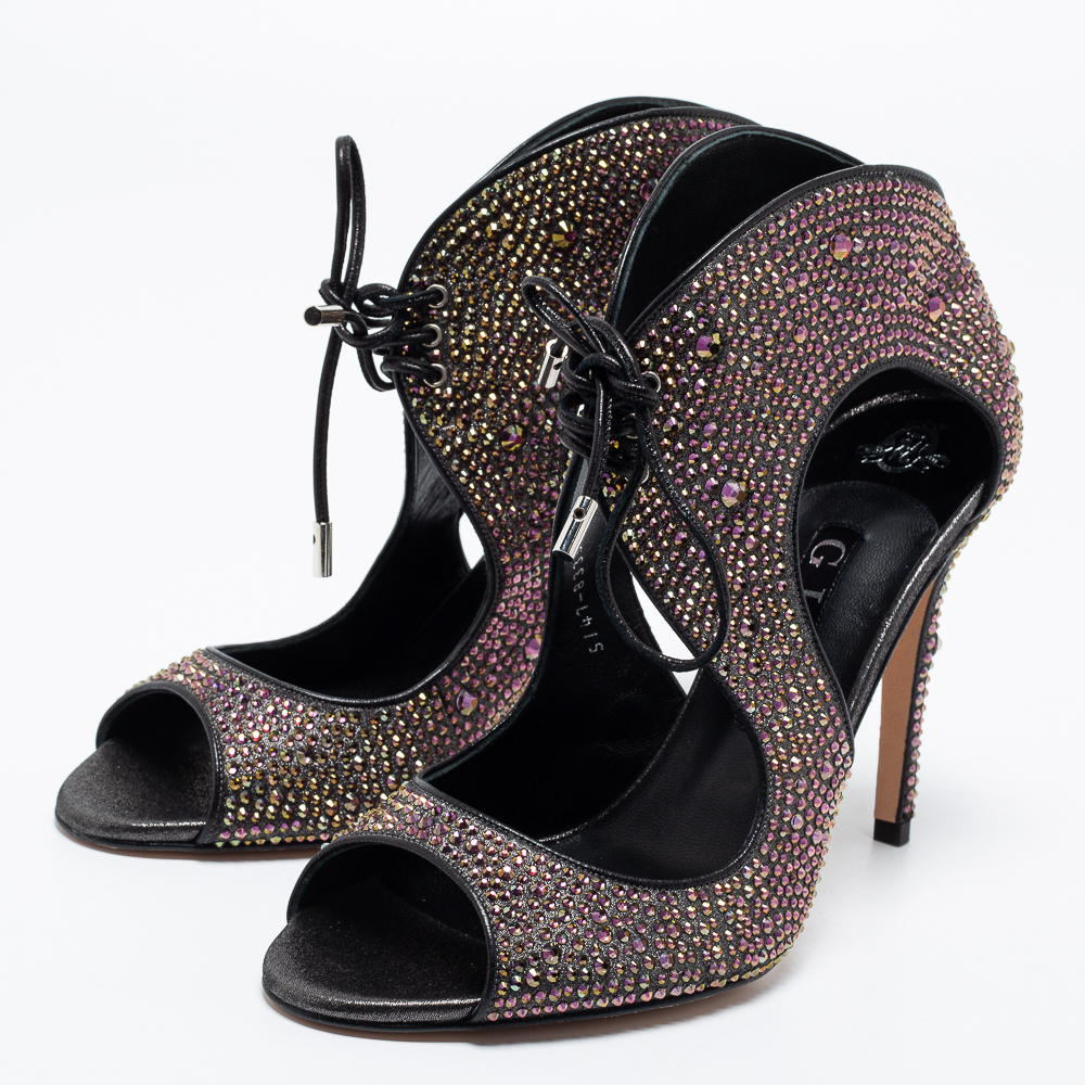 

Gina Purple/Black Crystal Embellished Leather Cut Out Peep Toe Sandals Size