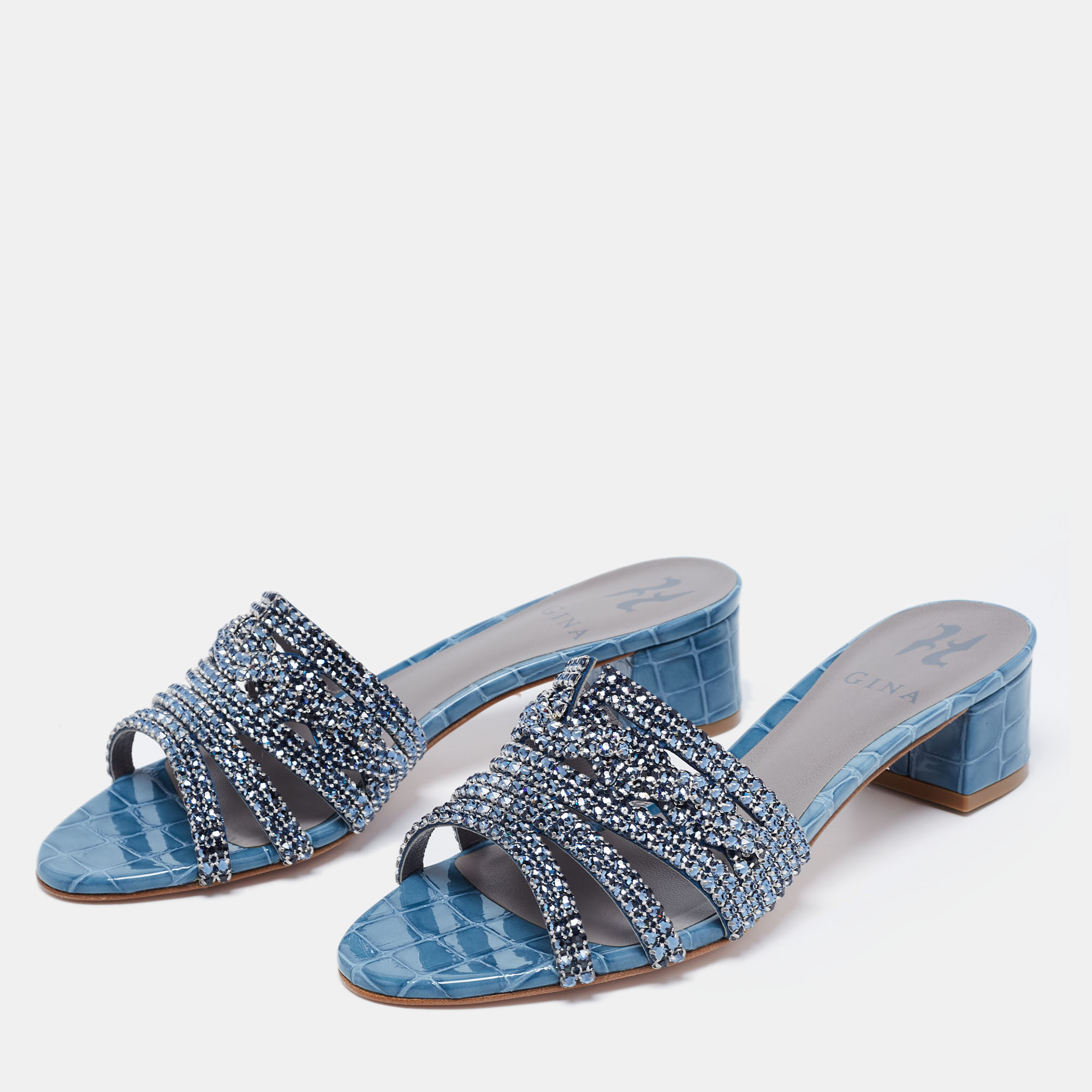 

Gina Blue Crystal Embellished Leather Loren Slide Sandals Size