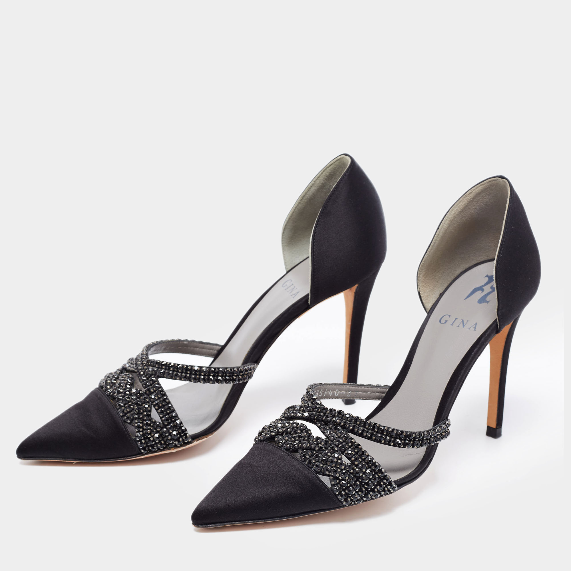 

Gina Black Satin Crystal Embellished D'Orsay Pointed Toe Pumps Size