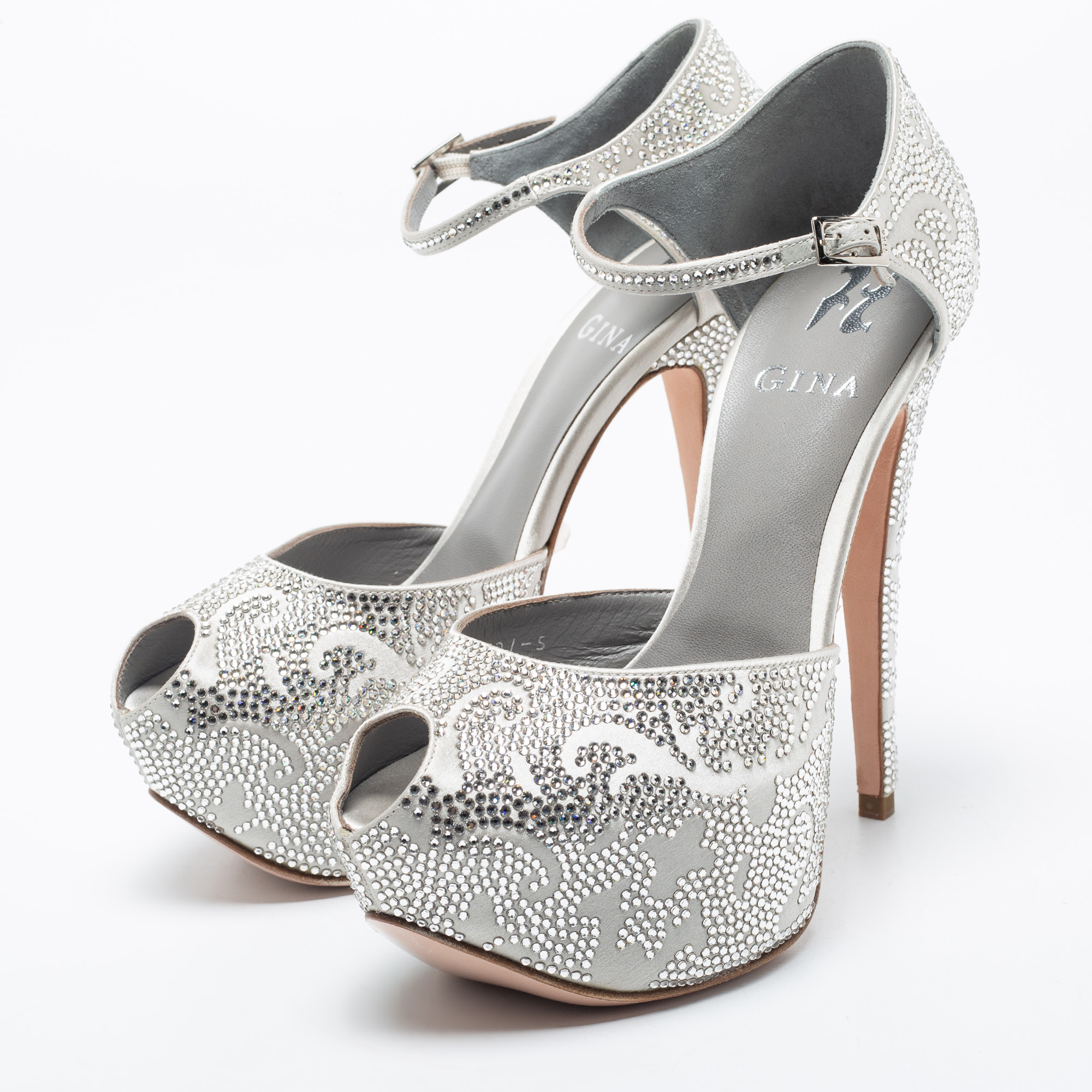 

Gina Silver Satin Crystal Embellished Hester Peep Toe Ankle Strap Pumps Size