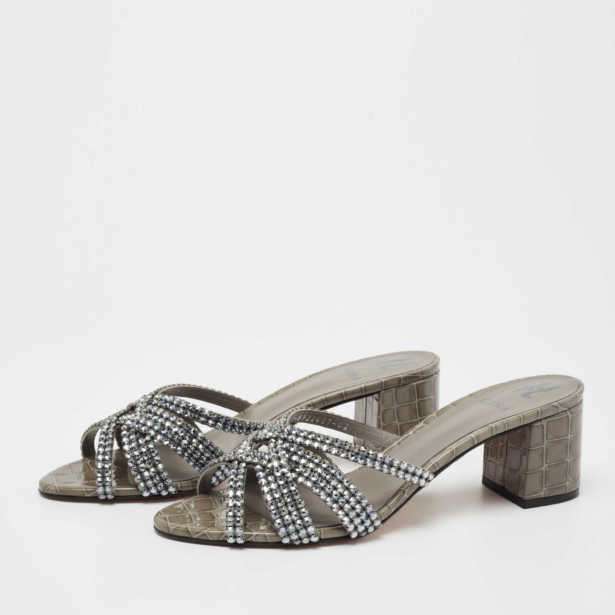 

Gina Grey Crystal Embellished Patent Croc Embossed Leather Slide Sandals Size