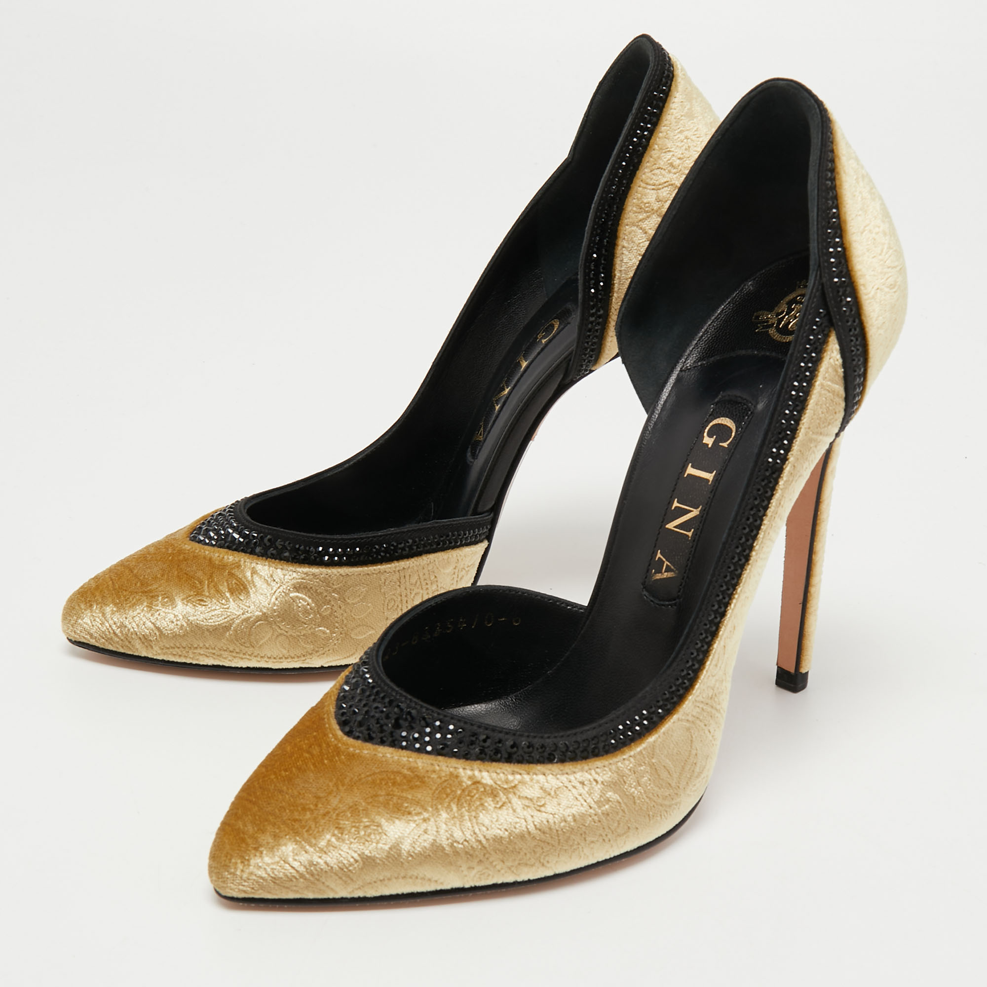 

Gina Yellow/Black Paisley Print Velvet Crystals Embellished D'orsay Pumps