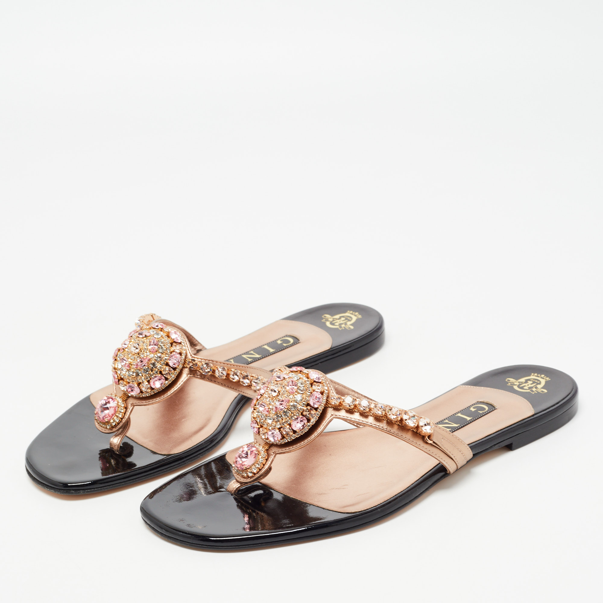 

Gina Metallic Gold Leather Embellished Thong Melinda Flat Slides Size