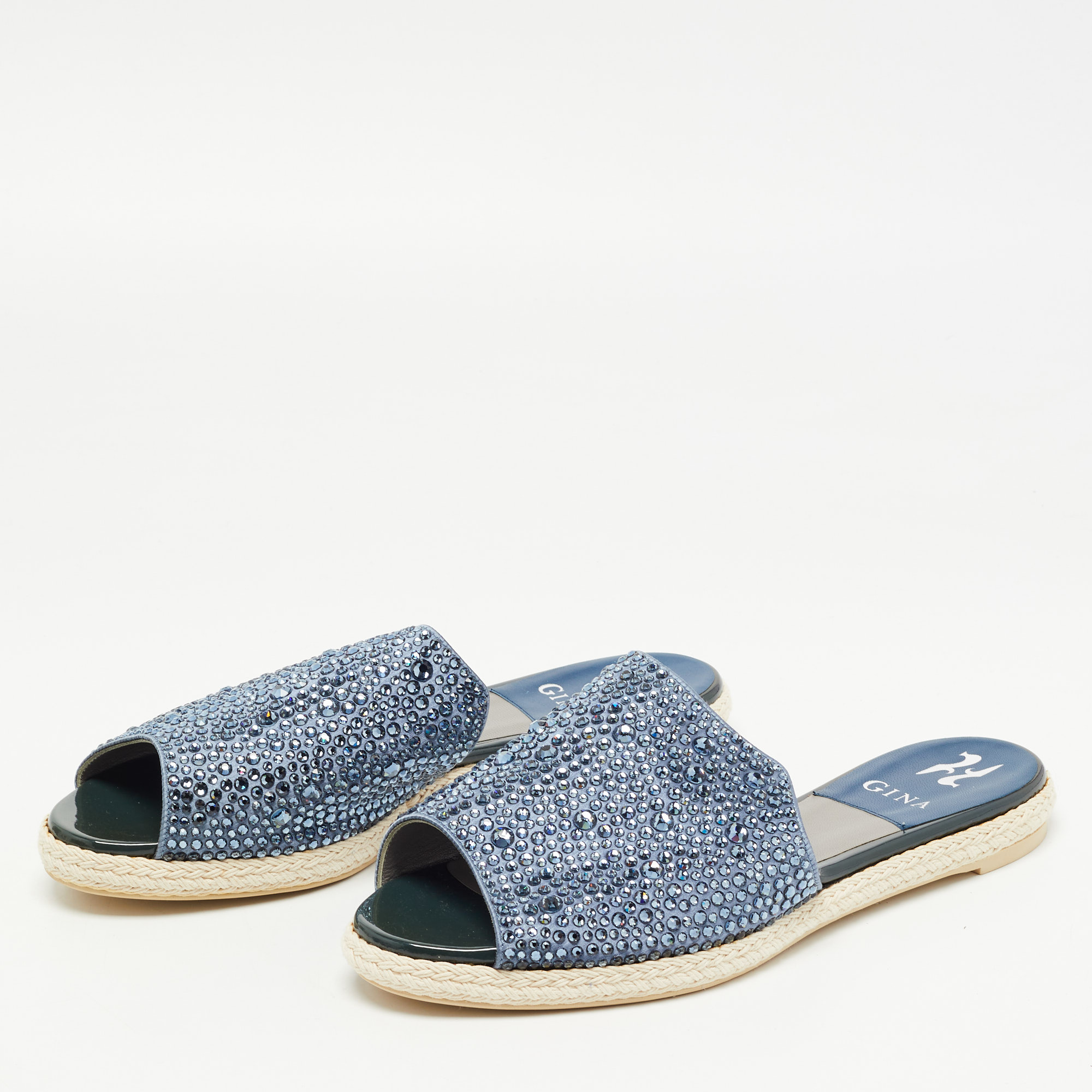 

Gina Blue Satin Crystal Embellished Espadrille Flat Slides Size
