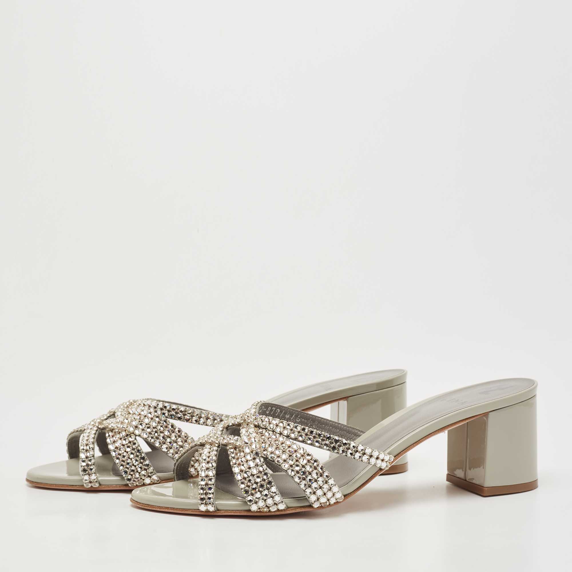 

Gina Grey Leather Crystal Embellished Slide Sandals Size
