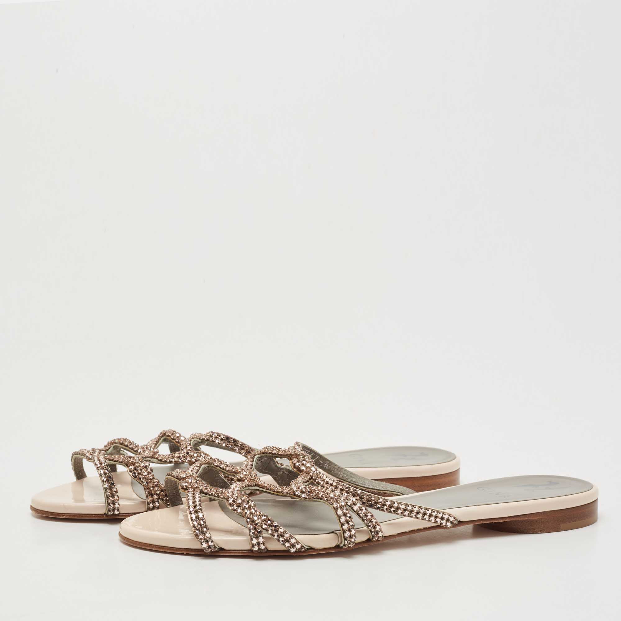 

Gina Beige Patent Leather Crystal Olson Flat Slides Size, Gold
