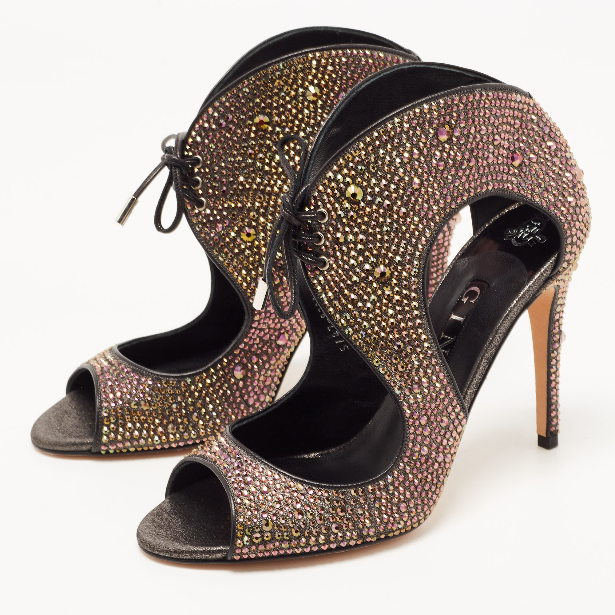 

Gina Metallic Leather Embellished PeepToe Sandals Size