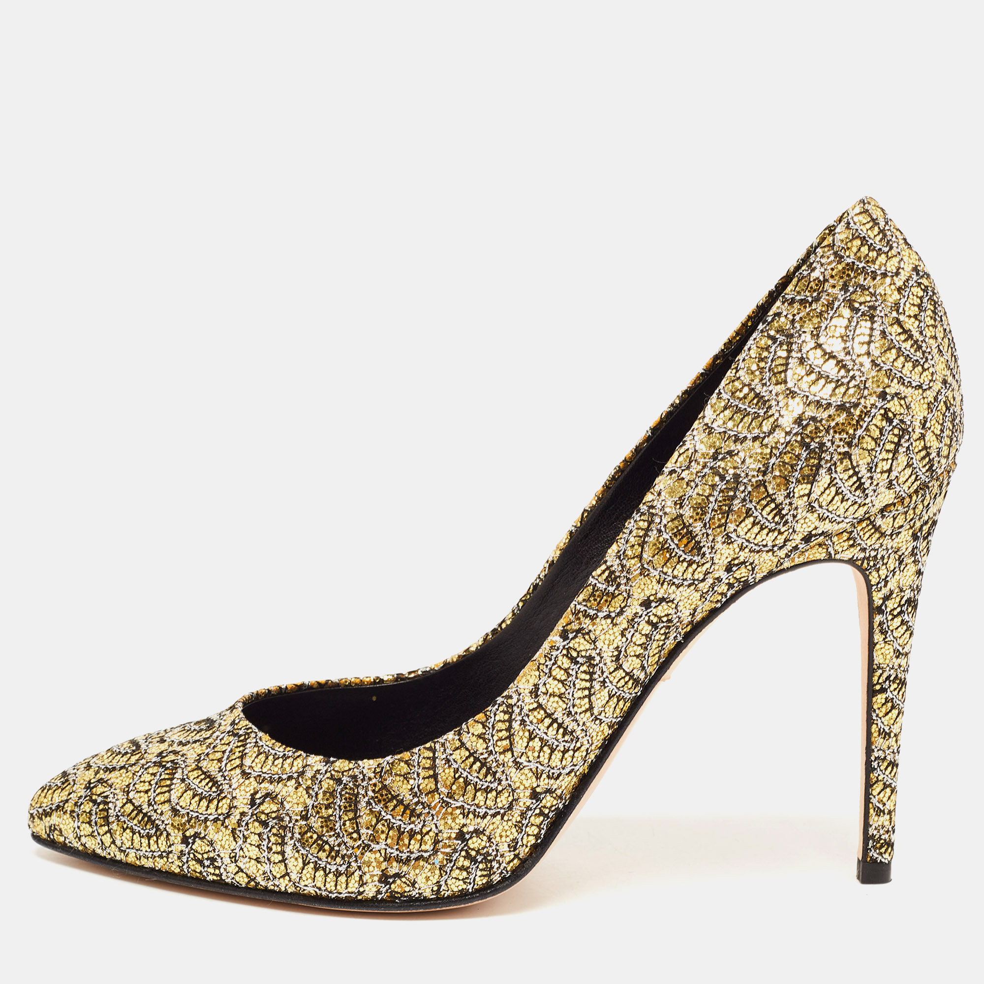 

Gina Metallic Gold/Silver Glitter Lace Pointed Toe Pumps Size