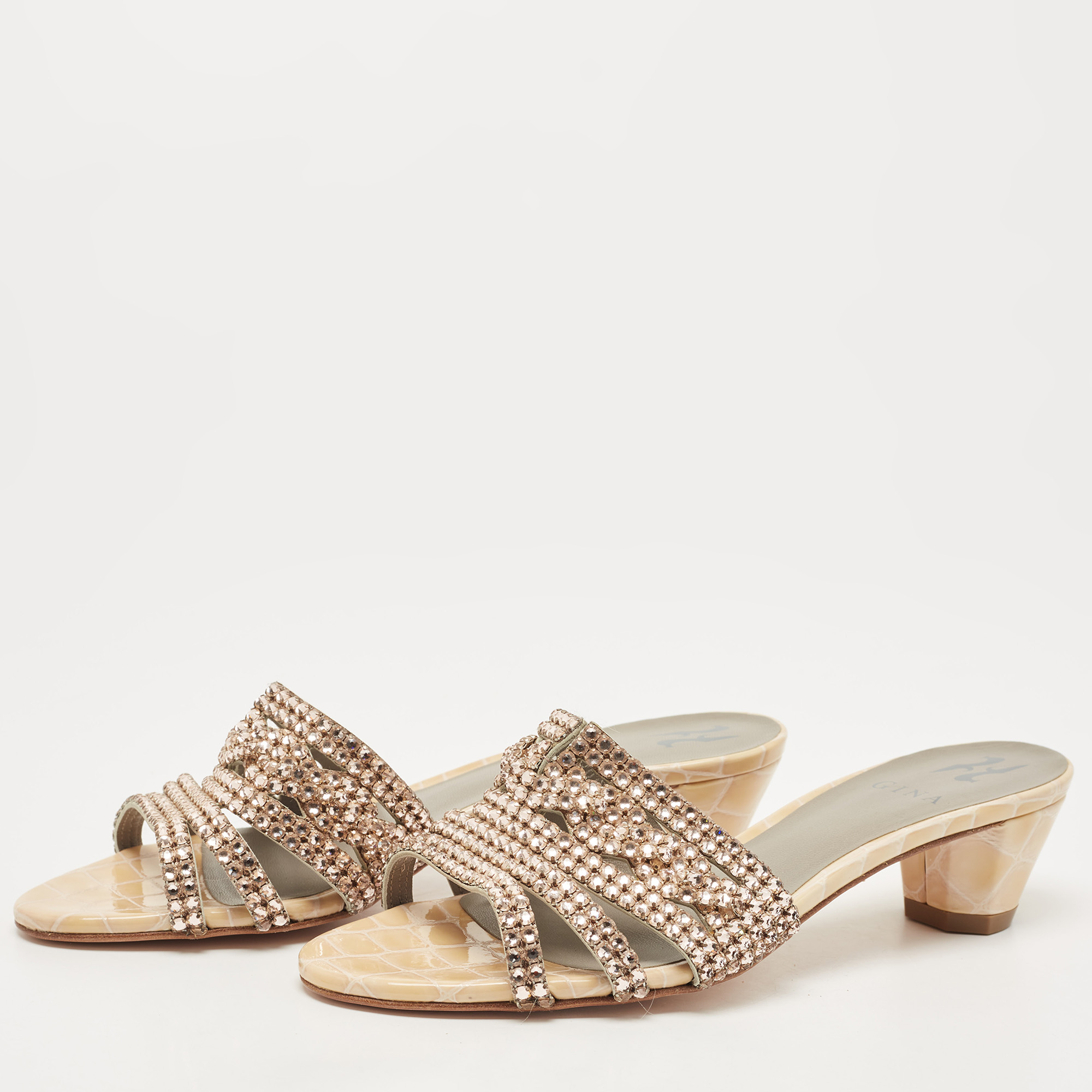 

Gina Pink/Beige Crystal Embellished Leather Slide Sandals Size