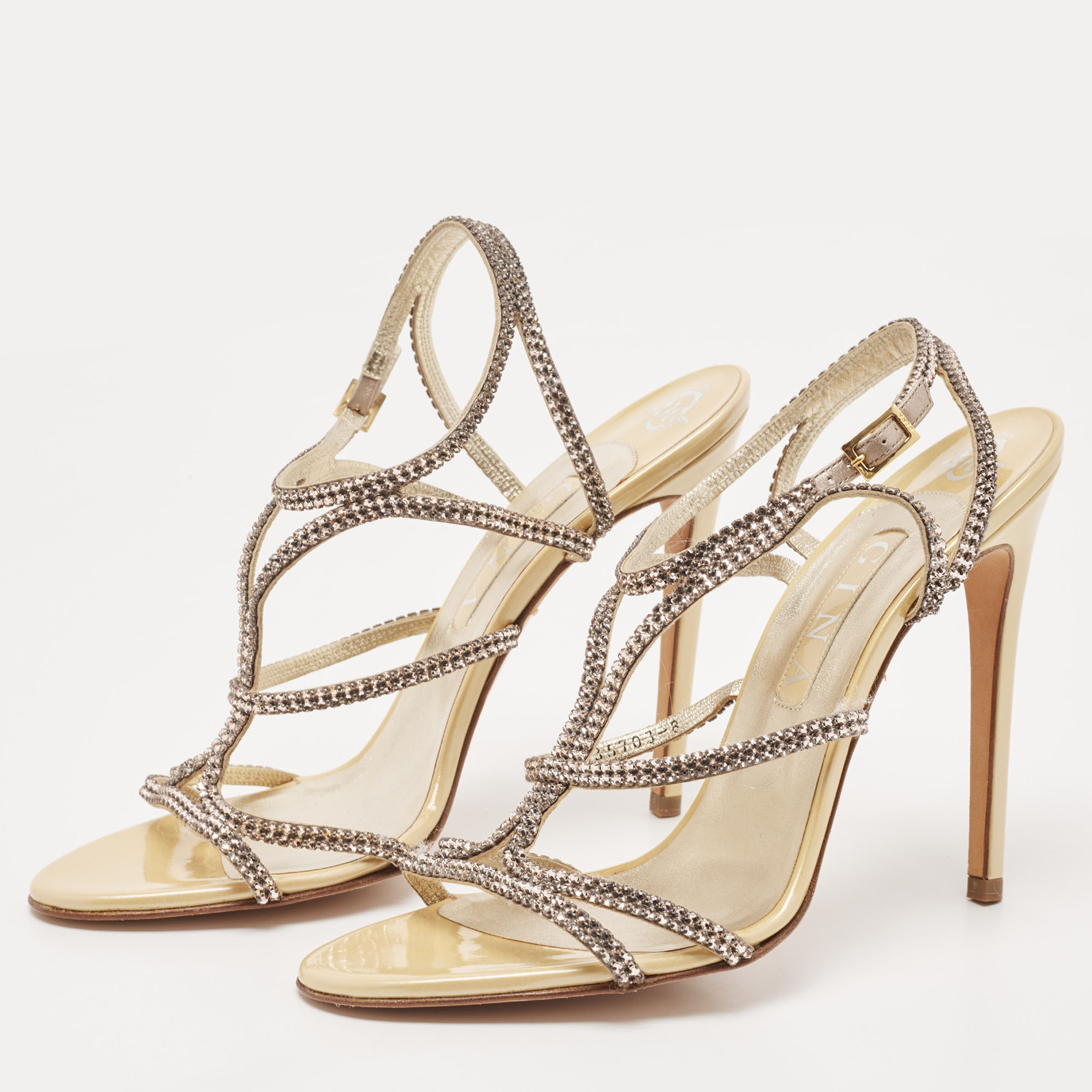 

Gina Metallic Beige Crystal Embellished Patent Leather Ankle Strap Sandals Size