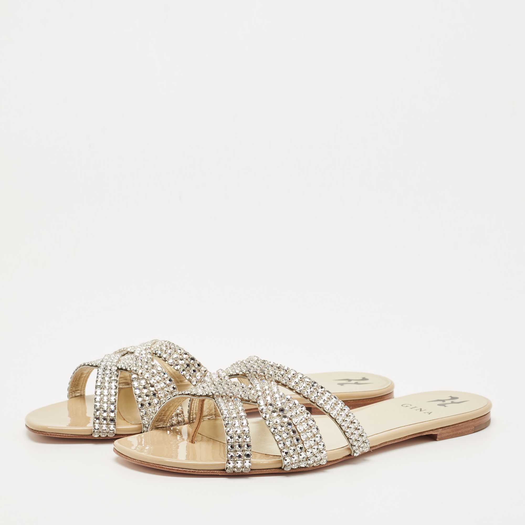 

Gina Silver Crystal Embellished Leather Thong Flat Slides Size