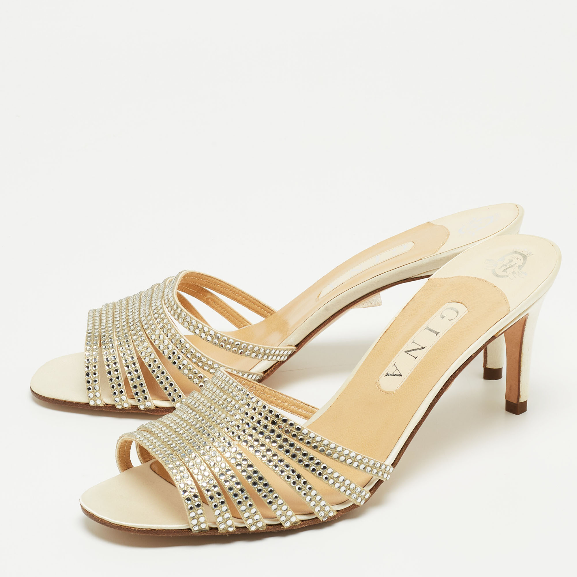 

Gina Beige Leather Crystal Embellished Strappy Open Toe Sandals Size