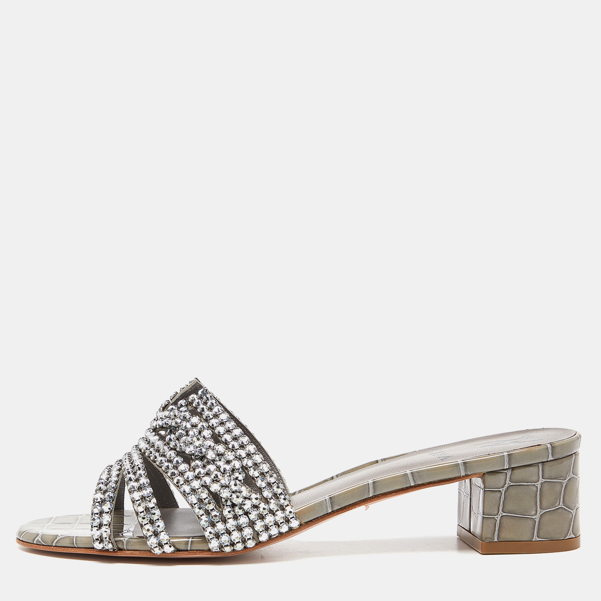 Pre Owned Gina Grey Croc Embossed Patent Leather Crystal Embellished Slide Sandals Size 38.5