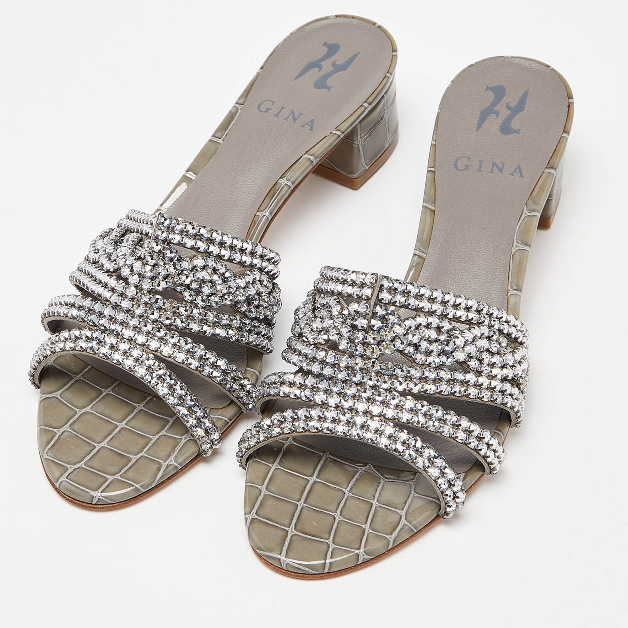 

Gina Grey Croc Embossed Patent Leather Crystal Embellished Slide Sandals Size
