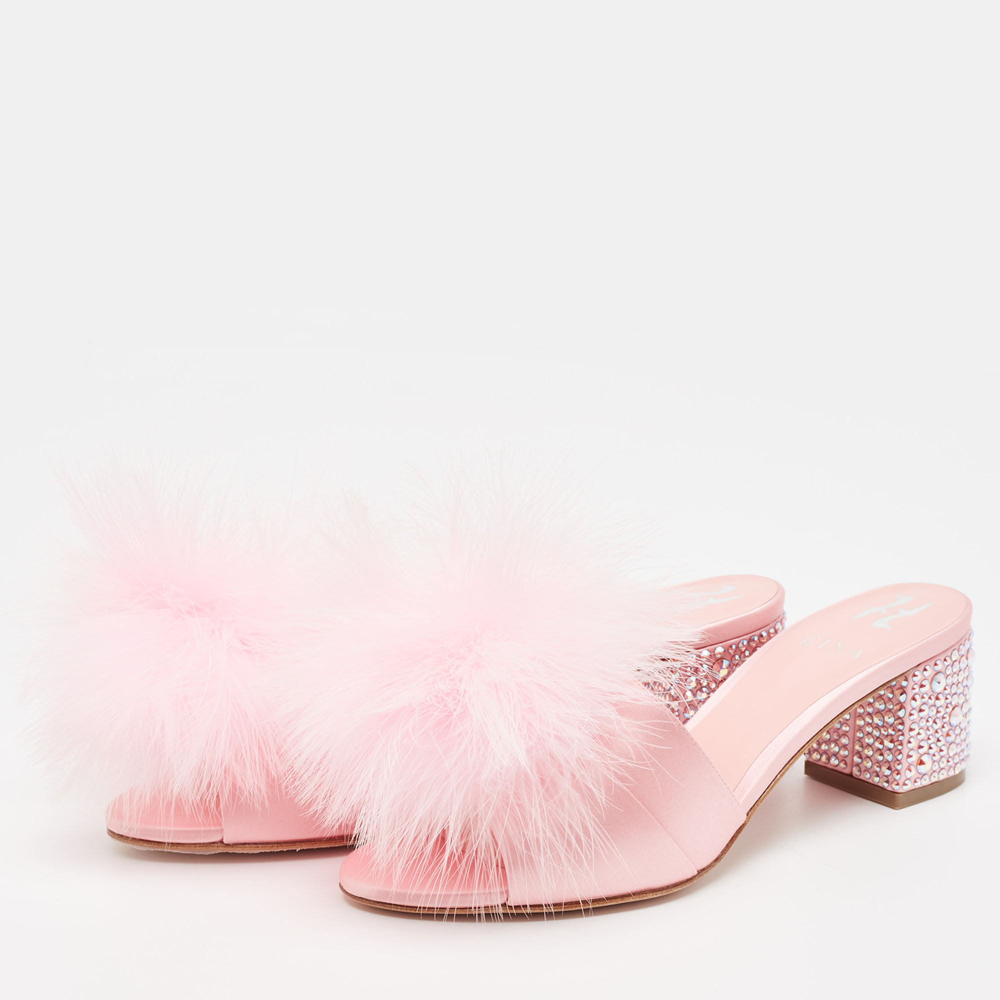 

Gina Pink Satin and Fur Cindy Crystal Embellished Heel Slide Sandals Size