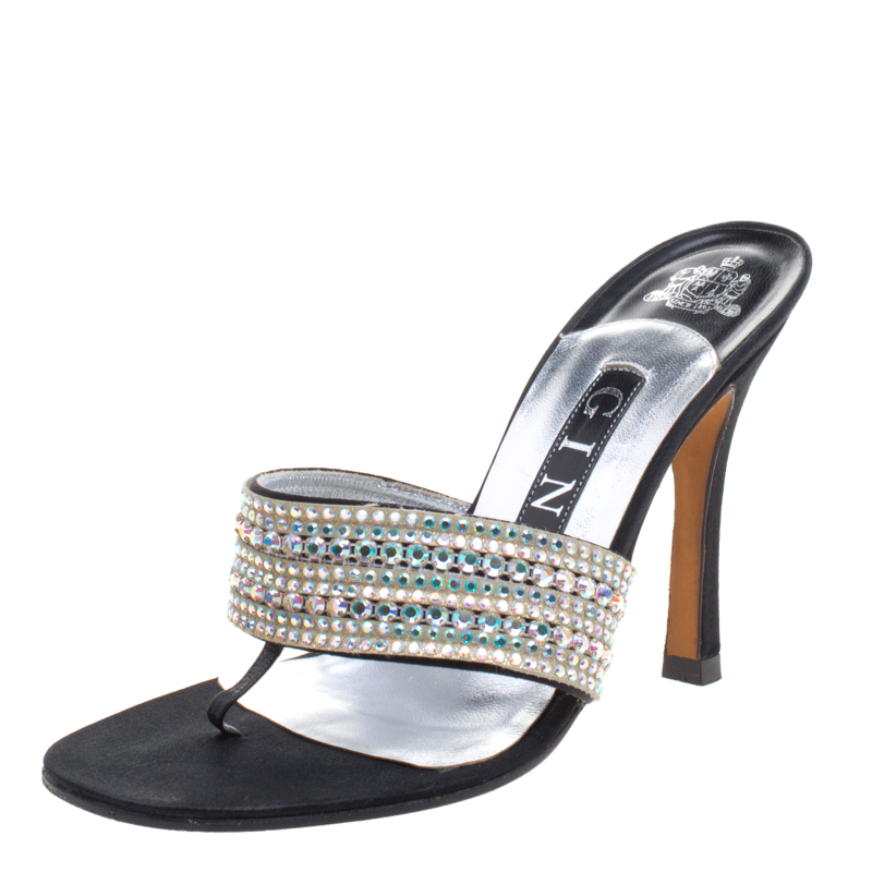 Pre Owned Gina Black Leather Crystal Embellished Sandals Size 36