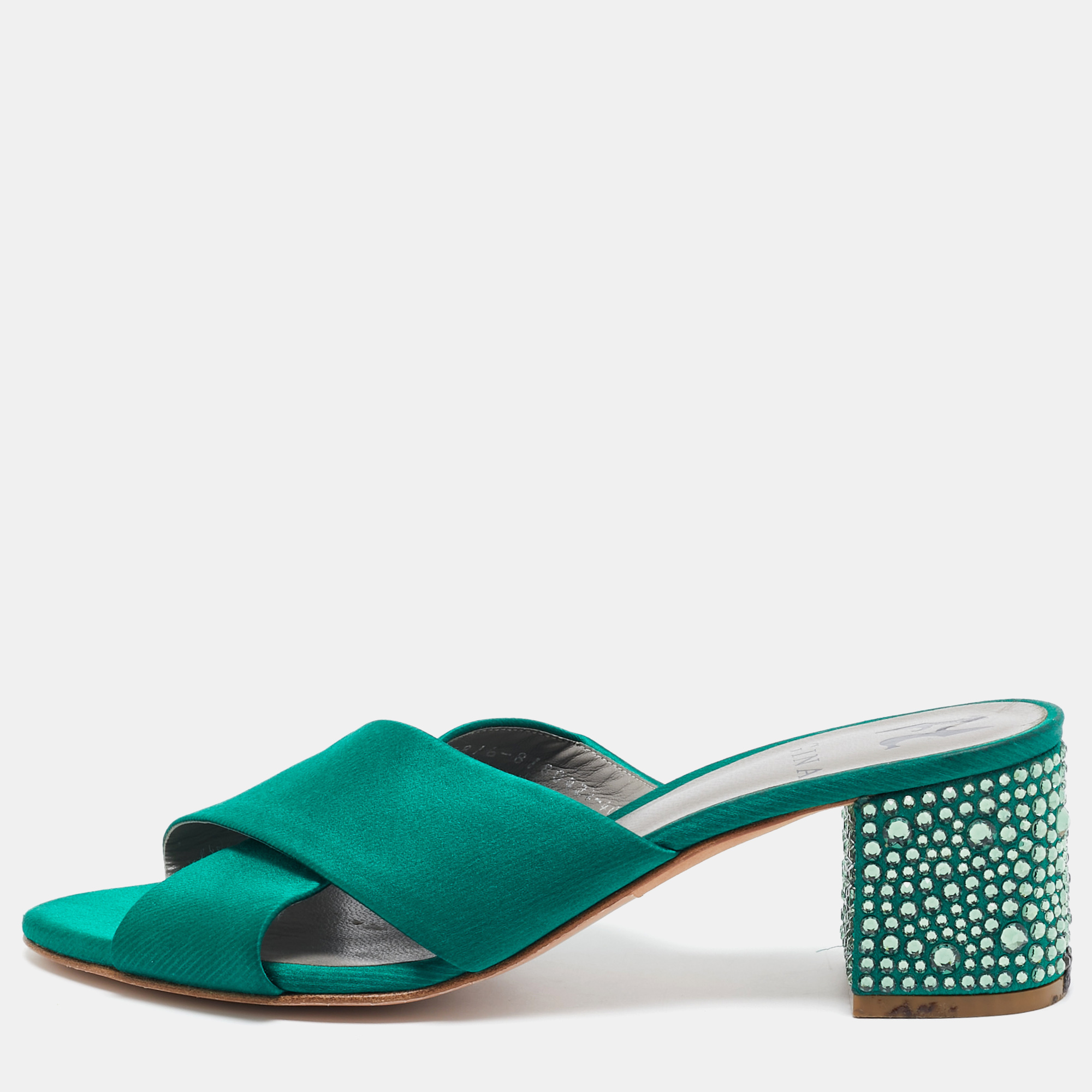 

Gina Green Satin Crystal Embellished Block Heel Slide Sandals Size