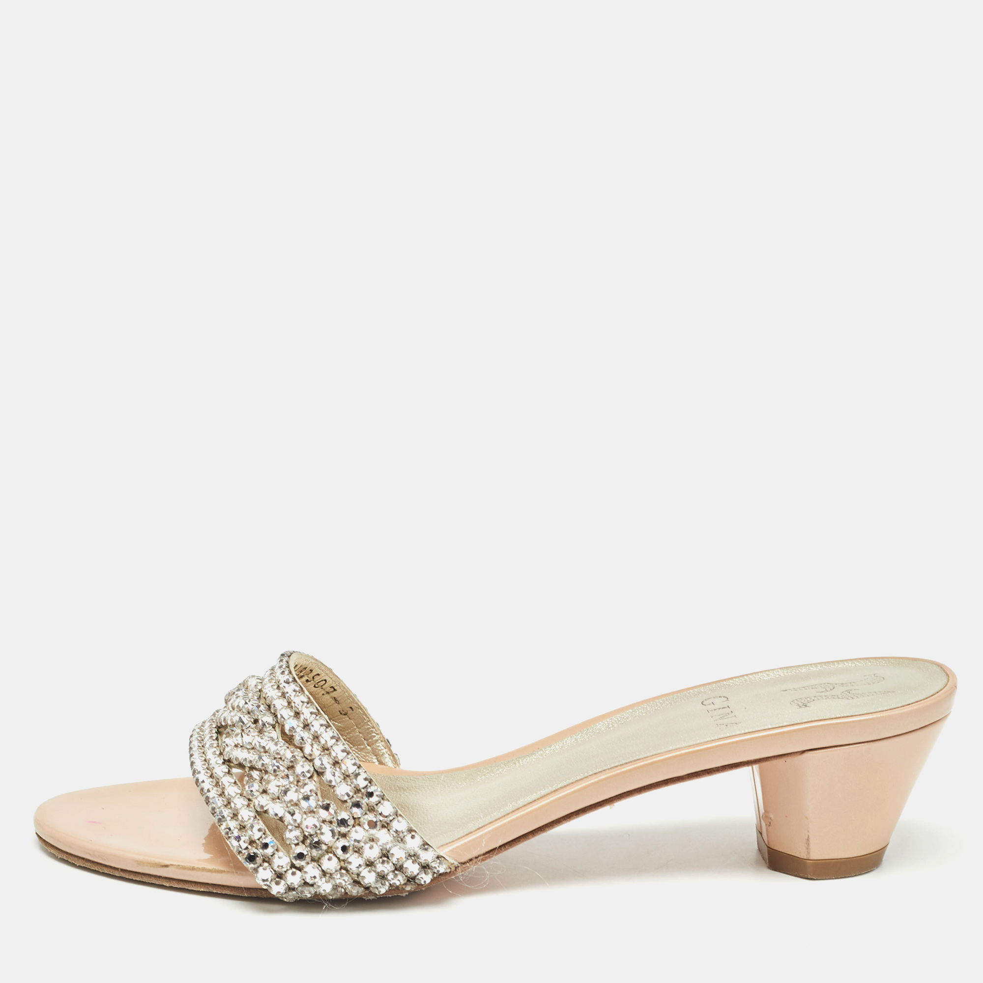

Gina Beige/Silver Leather Crystal Embellished Leather Slide Sandals Size 38