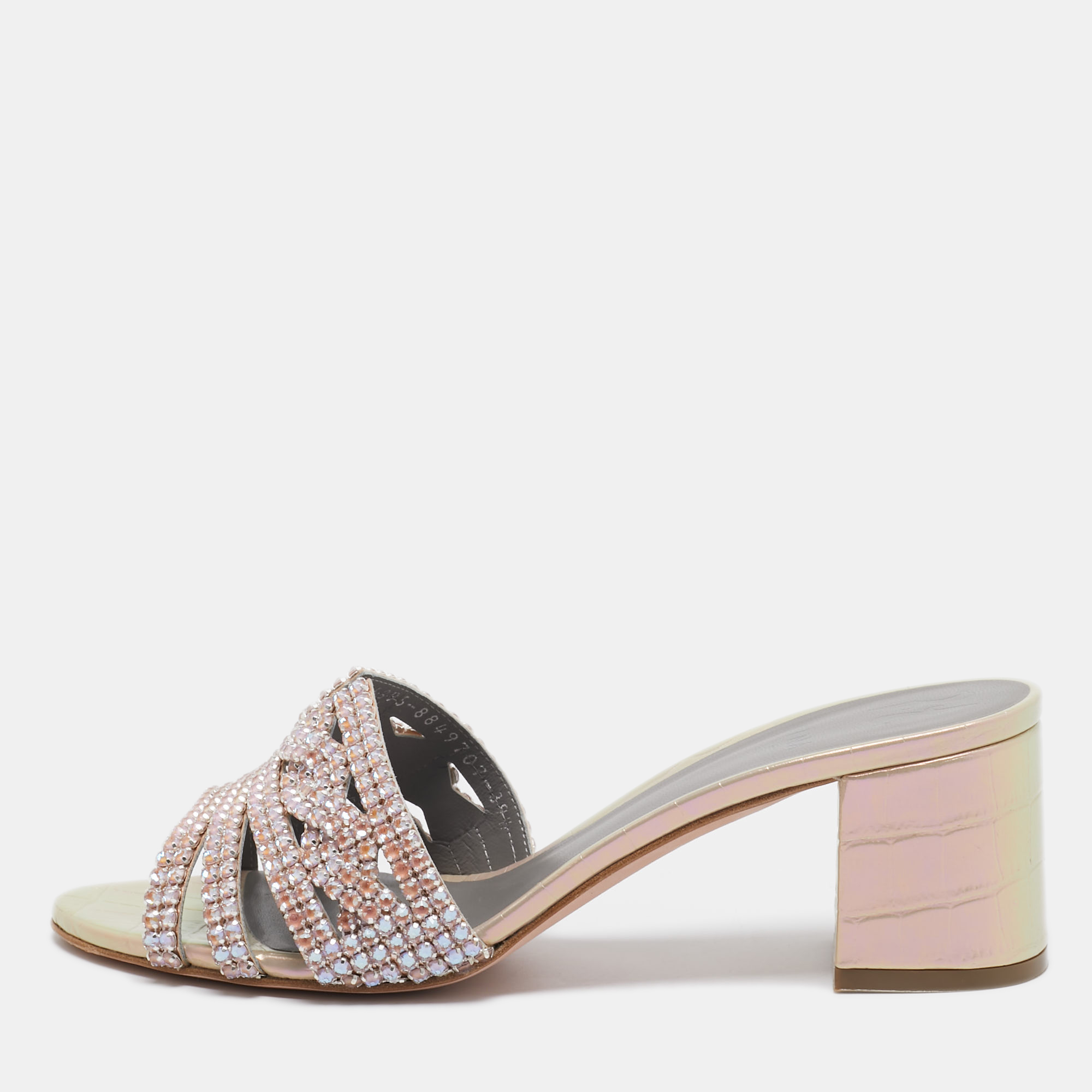 

Gina Pink Crystal Embellished Leather Orsay Block Heel Slide Sandals Size